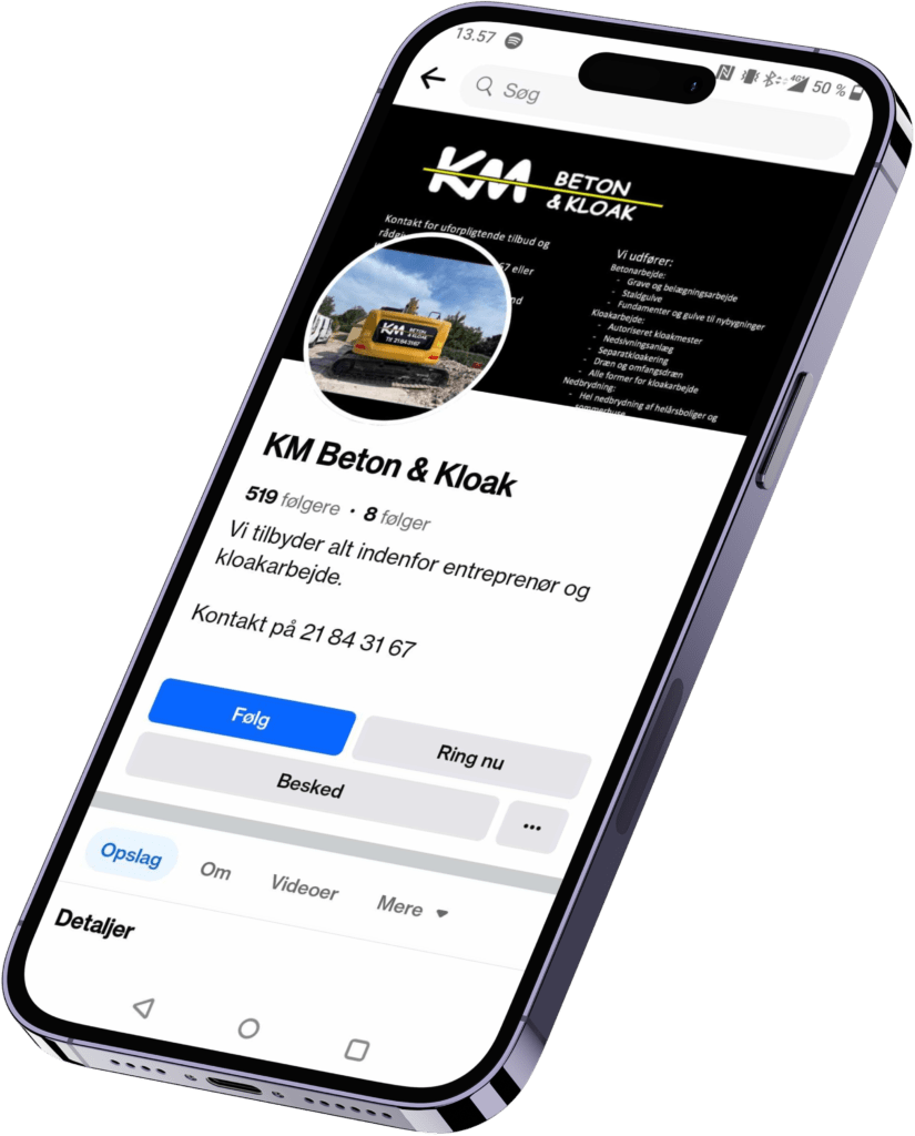 KM Beton & Kloak Facebook-side på smartphone